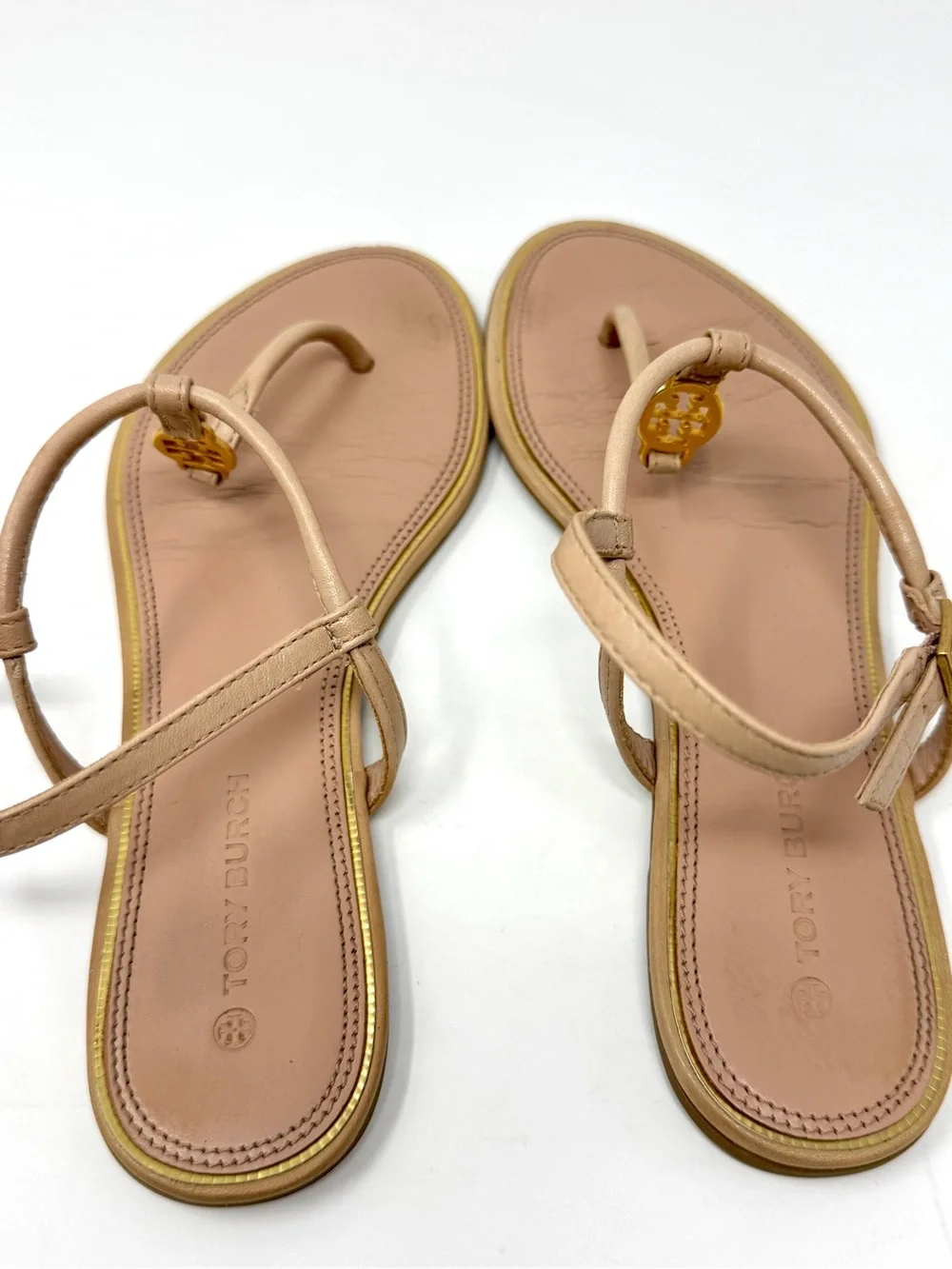 Tory Burch Nude Tan Leather Logo T-Strap Sandals